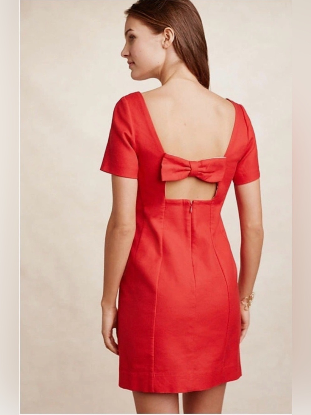 Maeve Dress Womens Red Bow Back Cutout Short Sleeve Cotton Shift Mini Medium